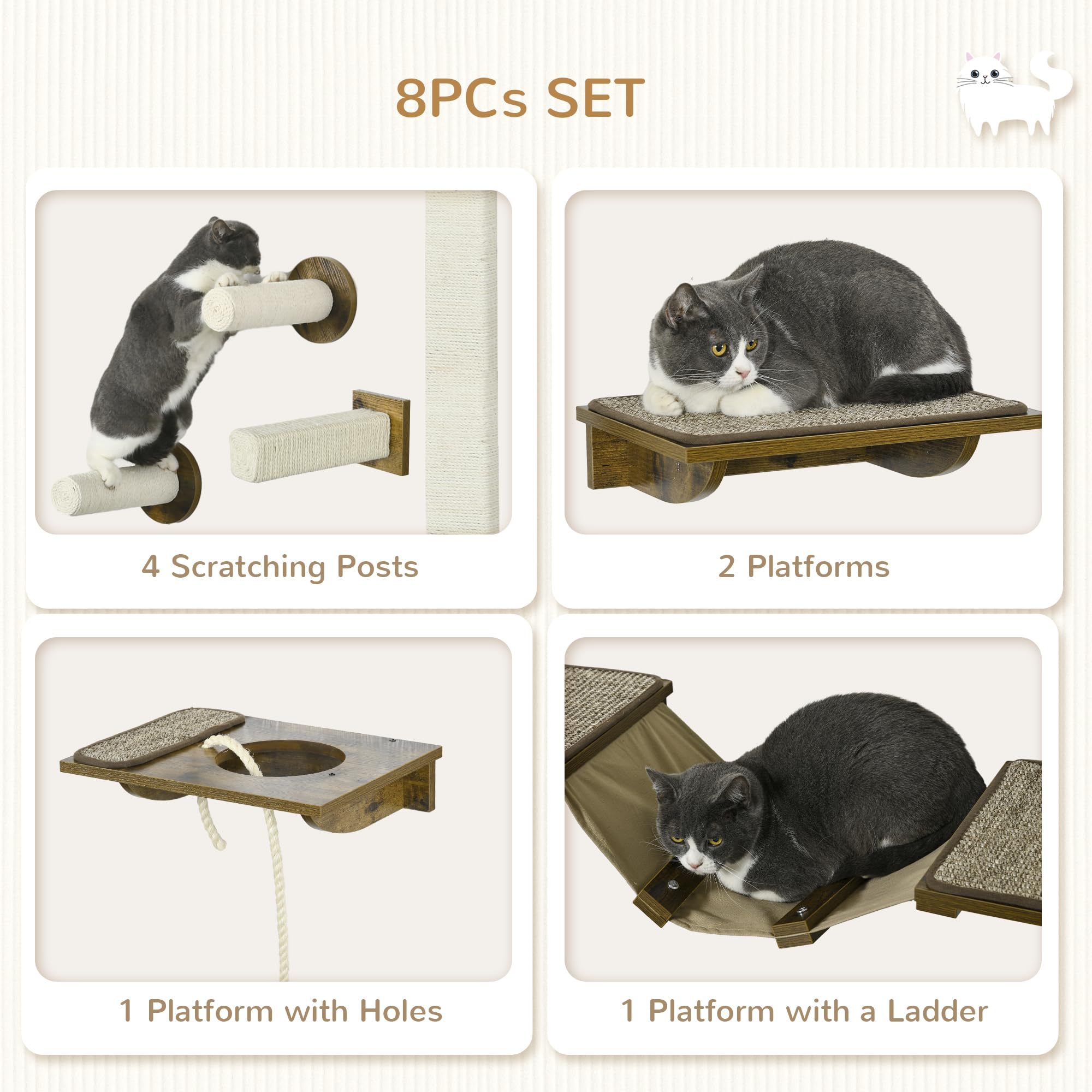 Pawhut Cat Wall Shelves - 8 Piece Wall Mounted Cat Furniture With Perches, Scratching Posts, Ladder, Feeder Bowls - Brown